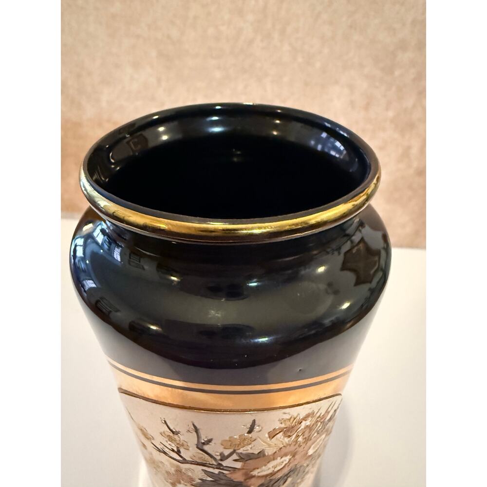 Vintage 11" Art Chokin Japanese Vase 24K Gold Gilded Imperial Flower Cart Black - Picture 10 of 12